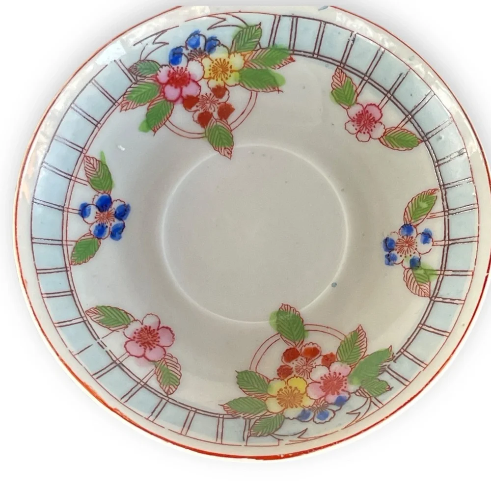 Post War Floral Patterned Porcelain Demitasse Teacup Saucer 5pc. Set